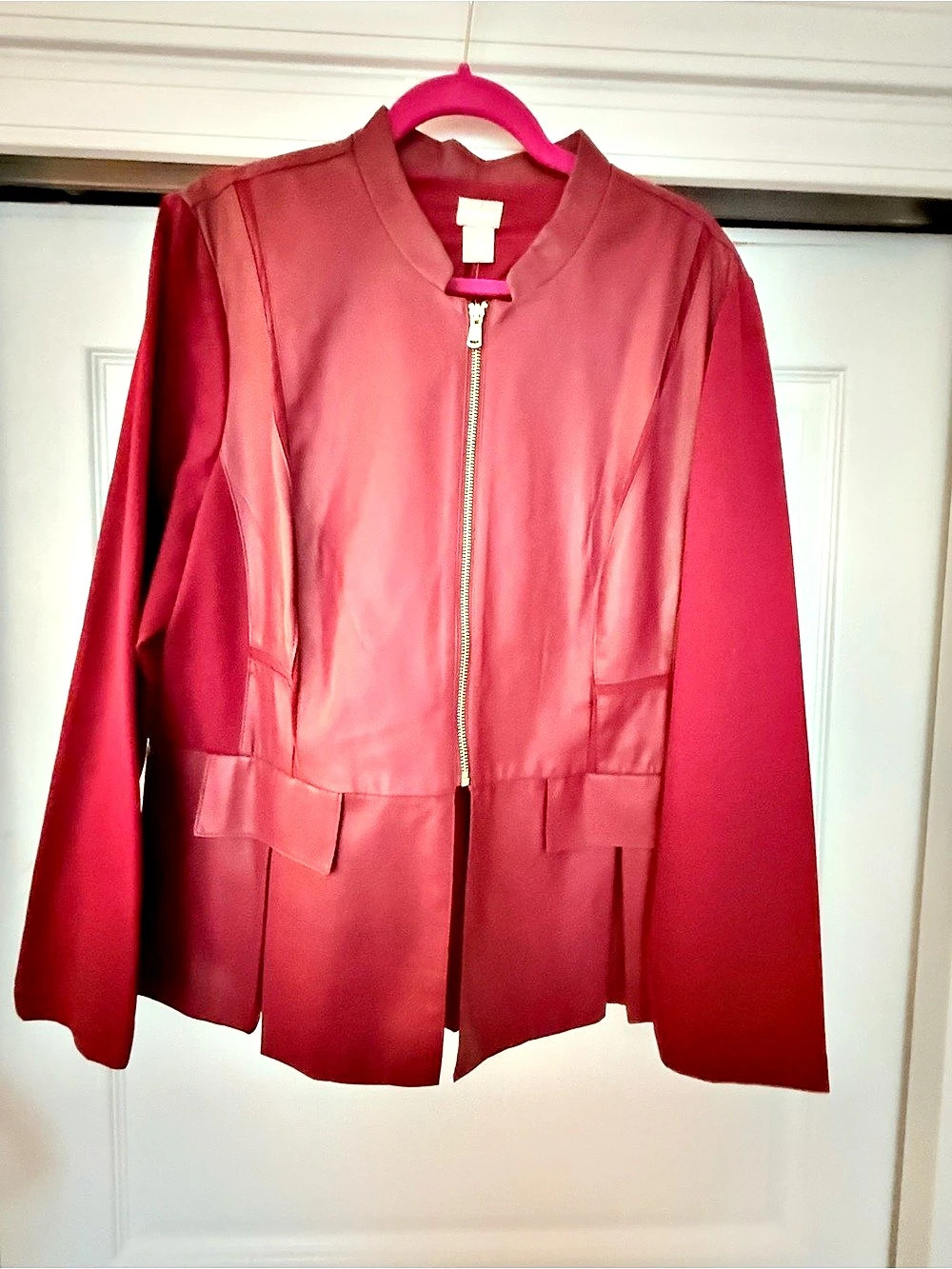 NWT Chico's Peplum Vegan Leather Jacket in Mulberry Red
